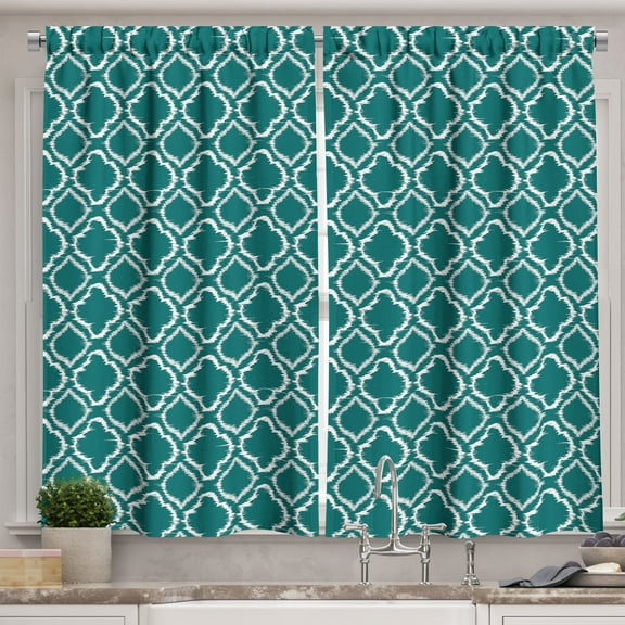 Ambesonne Teal Kitchen Curtains, Traditional Ikat Pattern, 55"x45", Teal White