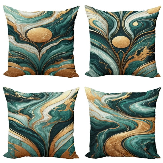 Ambesonne Teal Marble Print Throw Pillow Cover 4 Pack, Deep Waves Art, 20", Jade Green and Amber