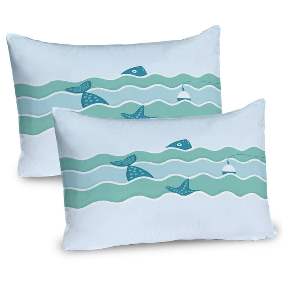 Ambesonne Teal Pillow Sham 2 Pack, Ocean Waves Fishing Art, 36"x20", Pale Blue