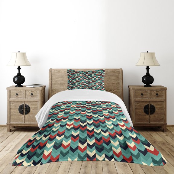 Ambesonne Teal Quilted Bedspread Set 2 Pcs, Chevron Herringbone Retro, Twin Size, Multicolor