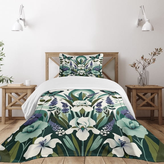 Ambesonne Teal Quilted Bedspread Set 2 Pcs, Curving Leaves Floral Mirage, Twin Size, Seafoam Jade Green Ivory