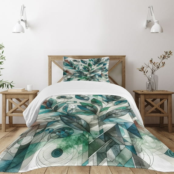 Ambesonne Teal Quilted Bedspread Set 2 Pcs, Dreamy Leaves Jumble Futurist, Twin Size, Seafoam Fern Green Grey