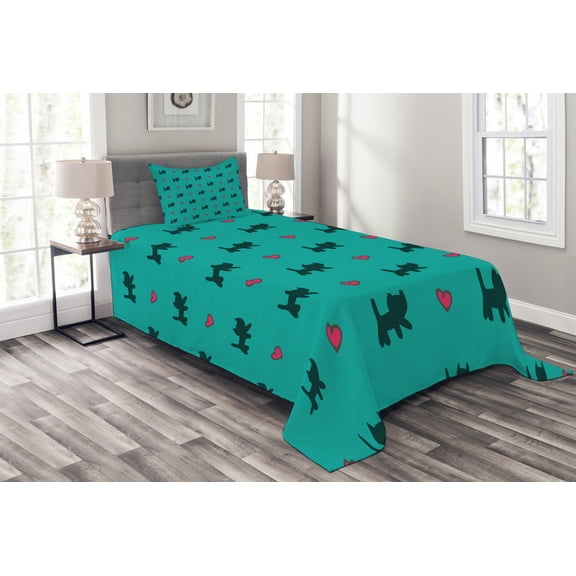 Ambesonne Teal Quilted Bedspread Set 2 Pcs, Kittens Pink Hearts, Twin Size, Teal Pink Dark Blue
