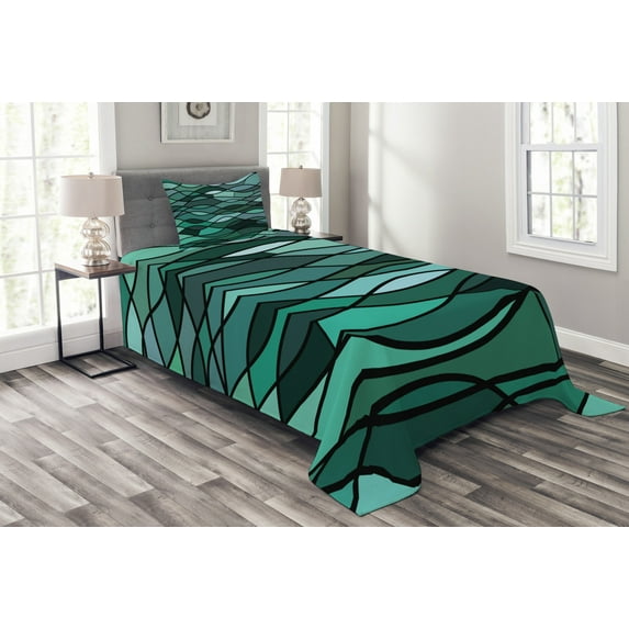 Ambesonne Teal Quilted Bedspread Set 2 Pcs, Mosaic Sea Waves Inspired, Twin Size, Dark Green Aqua