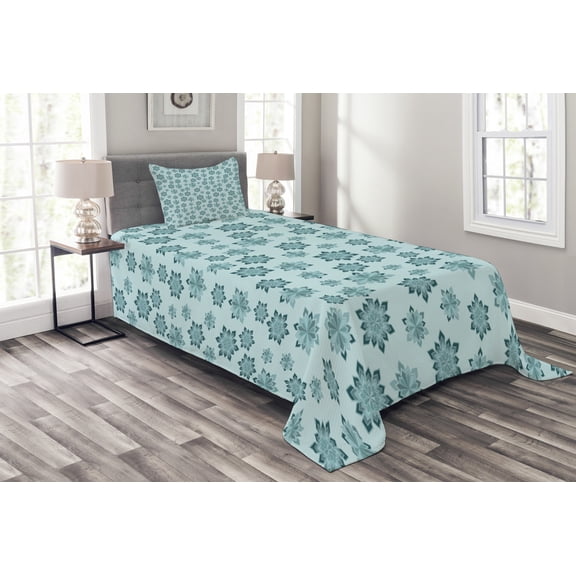Ambesonne Teal Quilted Bedspread Set 2 Pcs, Ornate Winter Snowflakes, Twin Size, Pale Blue Teal Grey