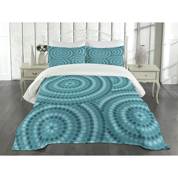 Ambesonne Teal Quilted Bedspread Set 3 Pcs, Abstract Australian Dots, Queen Size, Teal