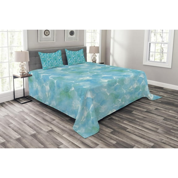 Ambesonne Teal Quilted Bedspread Set 3 Pcs, Abstract Watercolor Art, Queen Size, Aqua Blue Turquoise