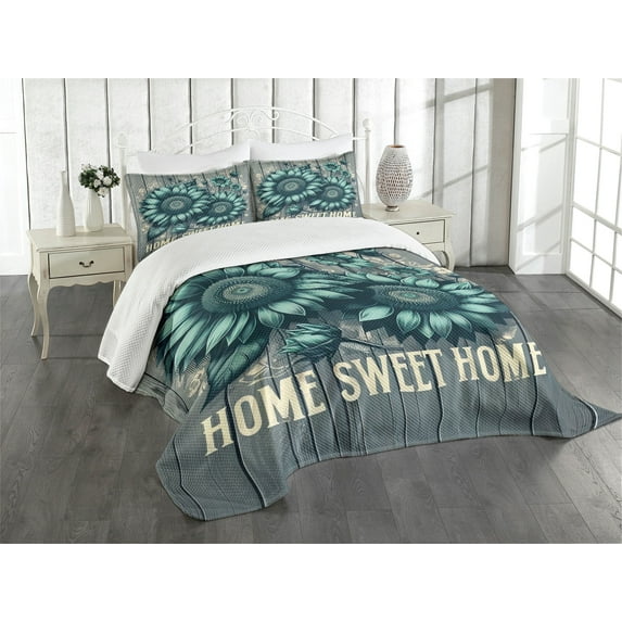 Ambesonne Teal Quilted Bedspread Set 3 Pcs, Aquamarine Tone Sunflowers, Queen Size, Seafoam Dark Sea Green
