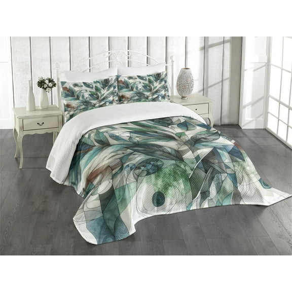 Ambesonne Teal Quilted Bedspread Set 3 Pcs, Dreamy Leaves Jumble Futurist, King Size, Seafoam Fern Green Grey