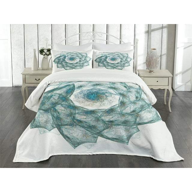Ambesonne Teal Quilted Bedspread Set 3 Pcs, Exquisite Flower Shaped, Queen Size, Teal