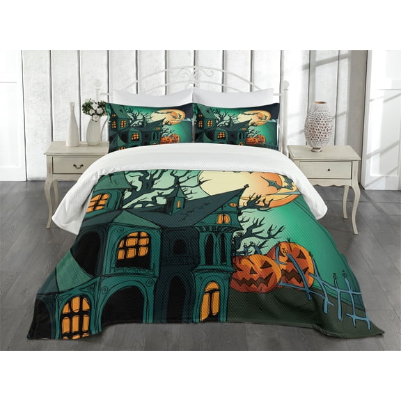 Ambesonne Teal Quilted Bedspread Set 3 Pcs, Halloween Haunted Castle, King Size, Orange Teal