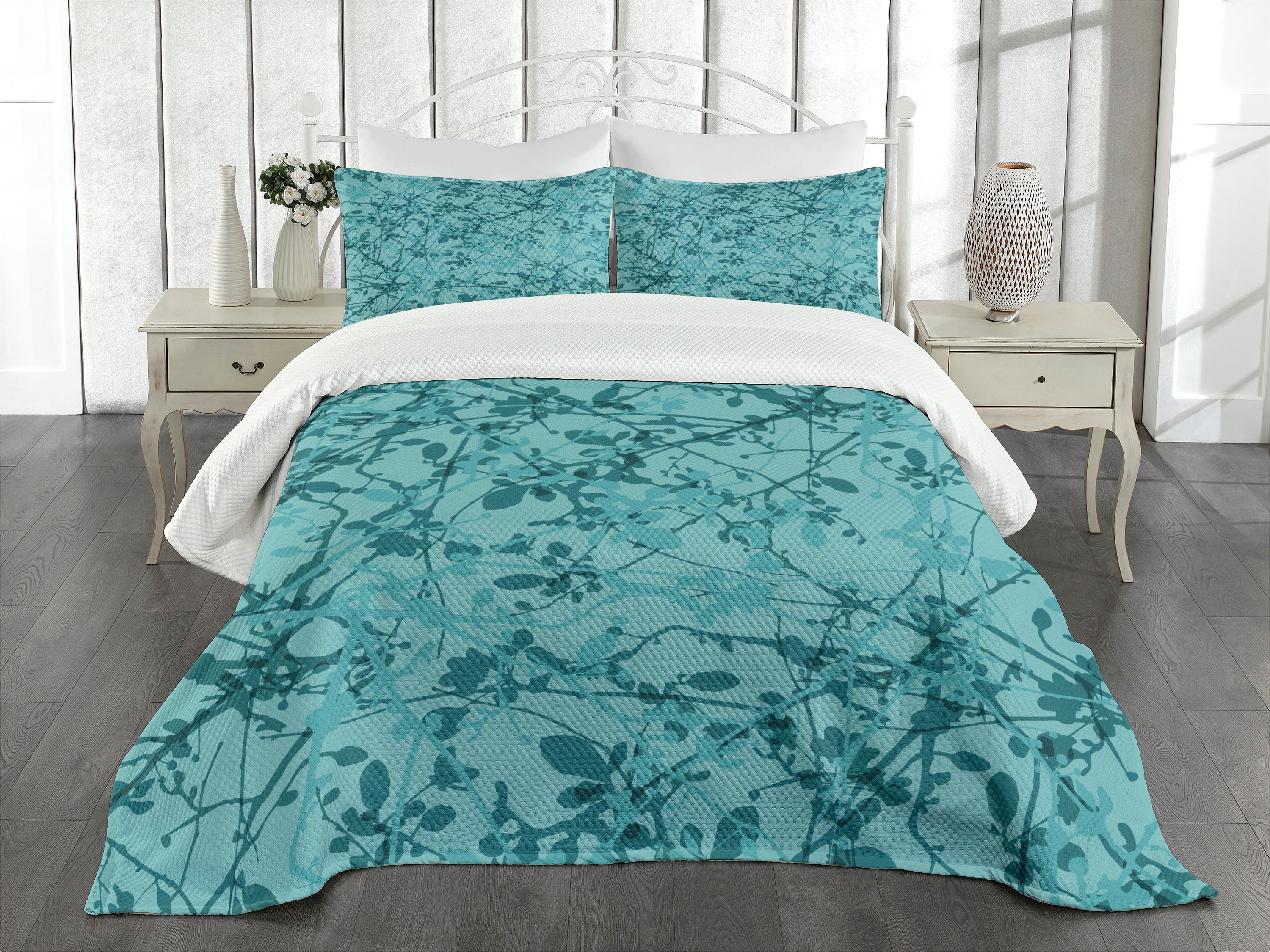 Teal Blue Quilted King Bedspread Set with Pillow Shams