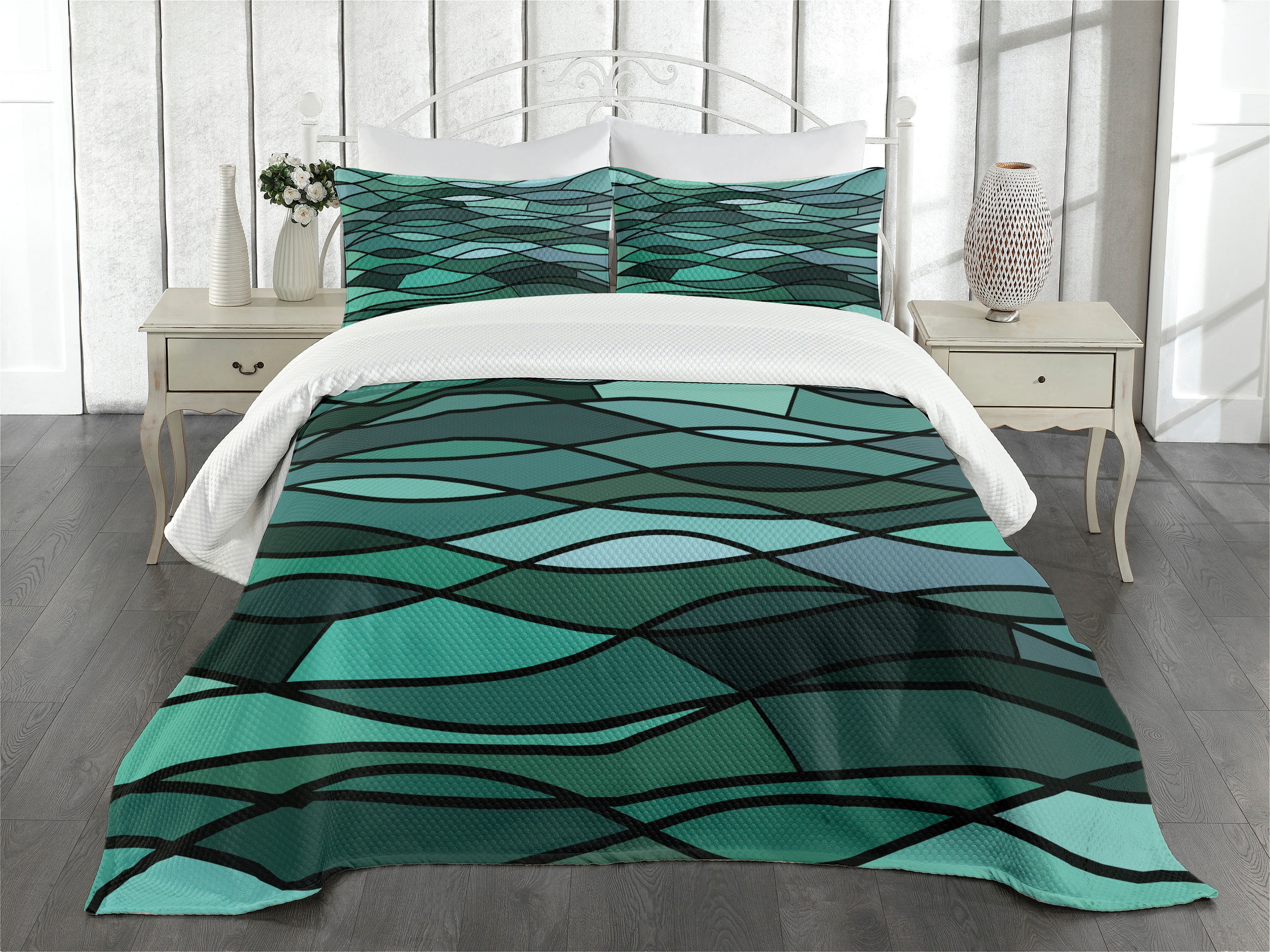 Ambesonne Ambesonne Teal Bedspread Mosaic Sea Waves Inspired Dark Green Aqua
