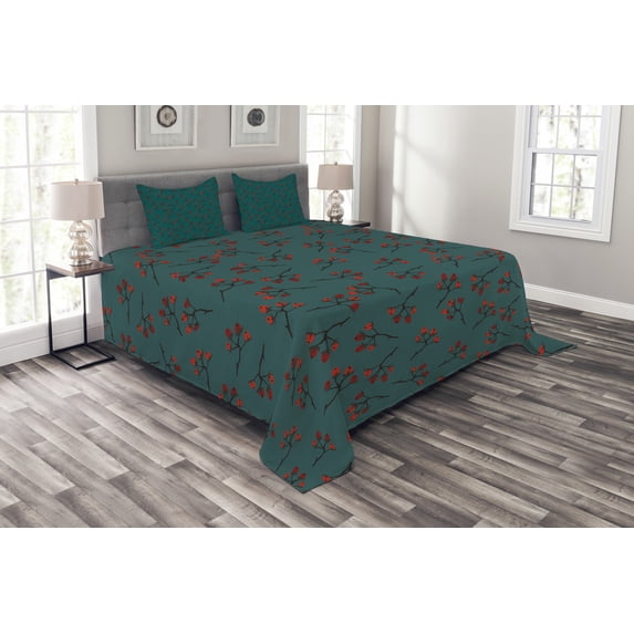 Ambesonne Teal Quilted Bedspread Set 3 Pcs, Red Berry Christmas Rustic, Queen Size, Teal Ruby Vermilion