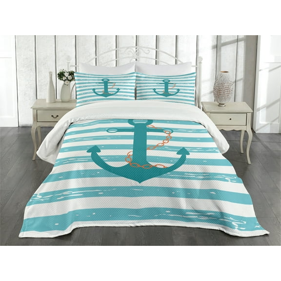 Ambesonne Teal Quilted Bedspread Set 3 Pcs, Ship Anchor Marine Life, King Size, Turquoise White and Teal