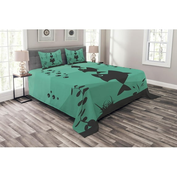 Ambesonne Teal Quilted Bedspread Set 3 Pcs, Underwater Life Themed, Queen Size, Teal Grey