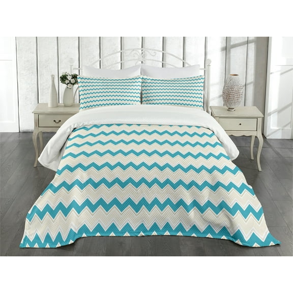 Ambesonne Teal Quilted Bedspread Set 3 Pcs, Zigzag Chevron Classical, King Size, Cream Teal
