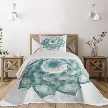 Ambesonne Teal Quilted Coverlet 2 Pcs, Exquisite Flower Shaped, Twin Size, Teal