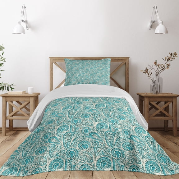 Ambesonne Teal Quilted Coverlet 2 Pcs, Romantic Lace Pattern, Twin Size, Teal Beige