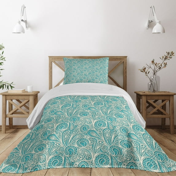 Ambesonne Teal Quilted Coverlet 2 Pcs, Romantic Lace Pattern, Twin Size, Teal Beige