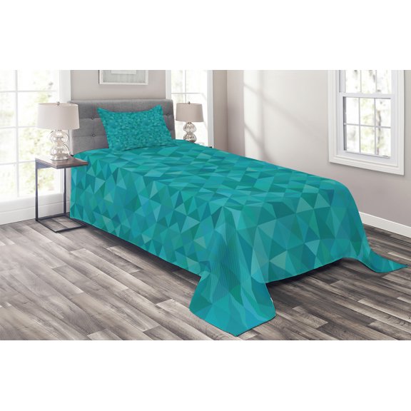 Ambesonne Teal Quilted Coverlet 2 Pcs, Triangles Squares Modern, Twin Size, Turquoise Aqua