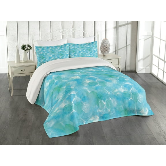 Ambesonne Teal Quilted Coverlet 3 Pcs, Abstract Watercolor Art, Queen Size, Aqua Blue Turquoise