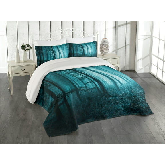 Ambesonne Teal Quilted Coverlet 3 Pcs, Foggy Dark Country Forest, Queen Size, Teal
