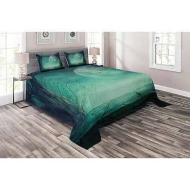 Ambesonne Teal Quilted Coverlet 3 Pcs, Spooky Forest Halloween, Queen Size, Teal