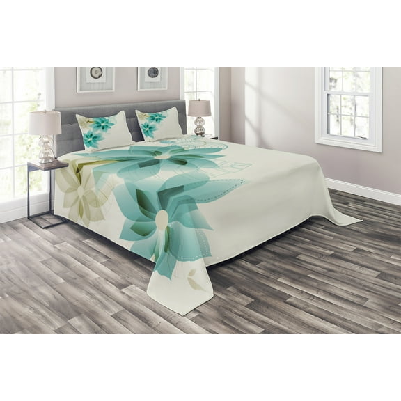Ambesonne Teal Quilted Coverlet 3 Pcs, Vintage Floral Elements, King Size, Turquoise Beige