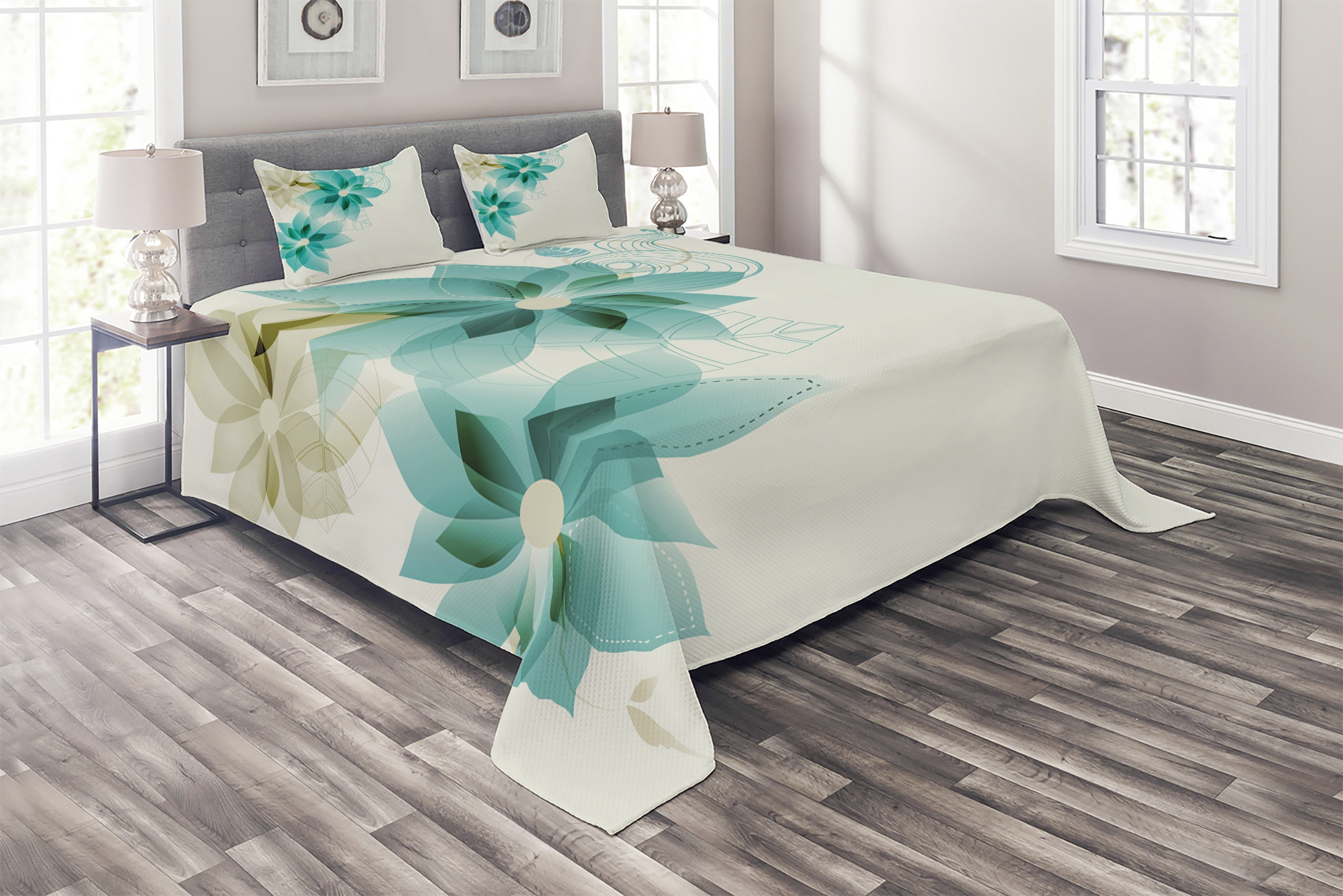 White and Turquoise Floral Quilted Queen Bedspread Set