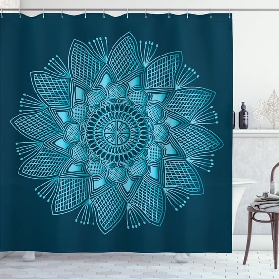 Ambesonne Teal Shower Curtain, Abstract Mandala Flower Plot, 69"Wx75"L, Aqua and Dark Petrol Blue
