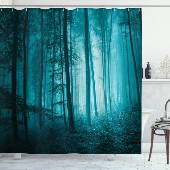 Ambesonne Teal Shower Curtain, Foggy Dark Country Forest, 69"Wx84"L, Teal