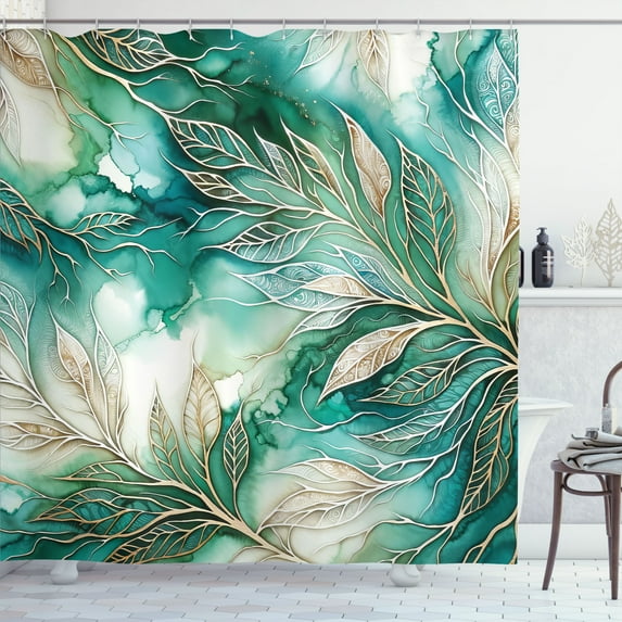Ambesonne Teal Shower Curtain, Greenery Marble Print Leaves, 69"Wx75"L, Dark Seafoam Dark Khaki