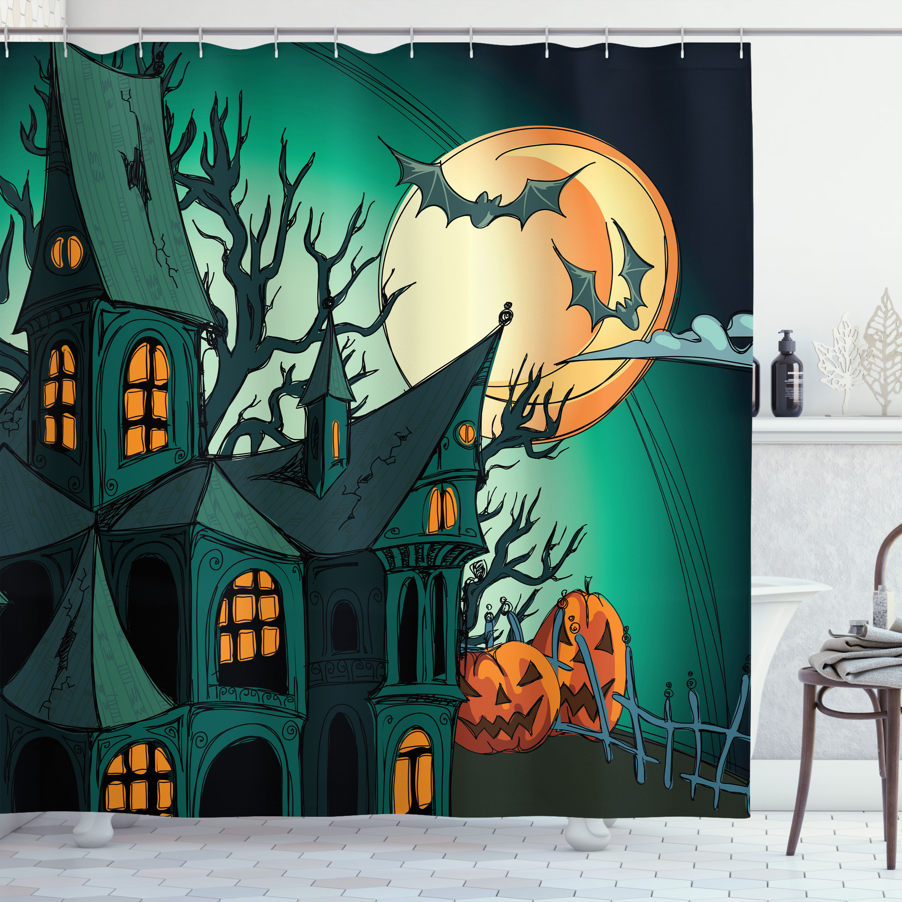 Ambesonne Teal Shower Curtain, Halloween Haunted Castle, 69"Wx75"L, Orange Teal - image 1 of 5