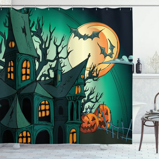 Ambesonne Teal Shower Curtain, Halloween Haunted Castle, 69"Wx75"L, Orange Teal