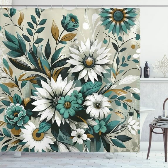 Ambesonne Teal Shower Curtain, Modern Urban Jungle Leaves, 69"Wx84"L, Sea Green Pale Mustard