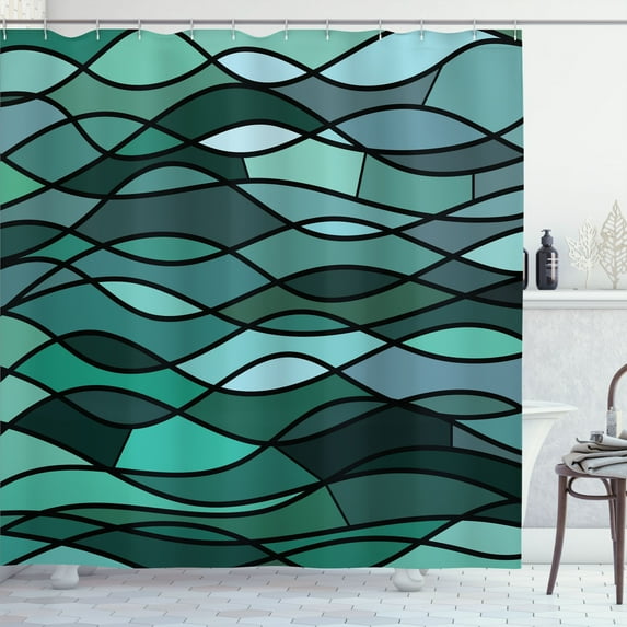 Ambesonne Teal Shower Curtain, Mosaic Sea Waves Inspired, 69"Wx84"L, Dark Green Aqua