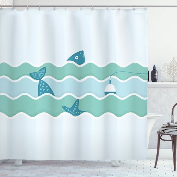 Ambesonne Teal Shower Curtain, Ocean Waves Fishing Art, 69"Wx75"L, Pale Blue
