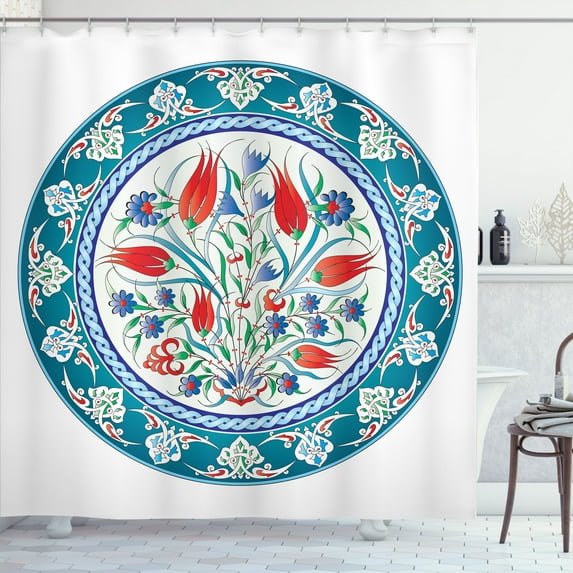 Ambesonne Teal Shower Curtain, Turkish Tulip Floral Art, 69"Wx70"L, Teal Red White