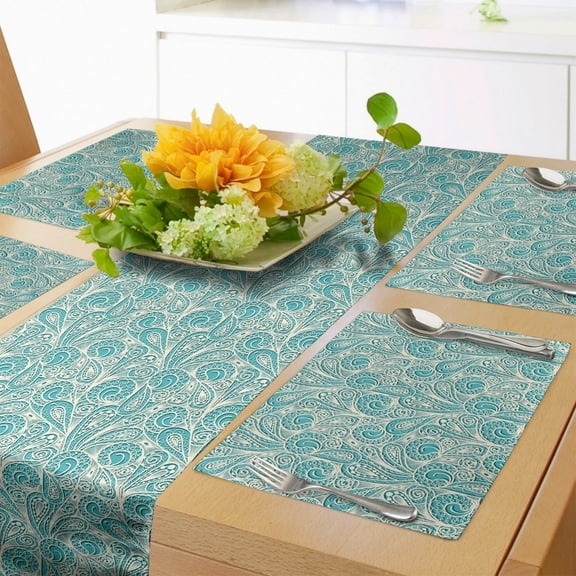 Ambesonne Teal Table Runner & Placemats, Romantic Lace Pattern, Placemat 4 pcs + Runner 12"x72", Teal Beige