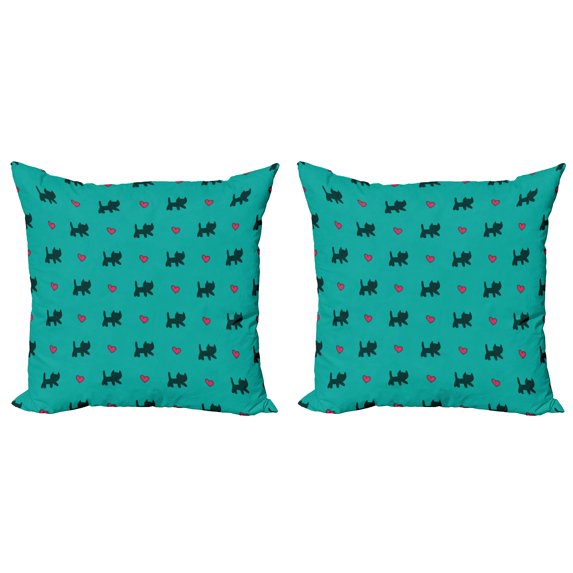 Ambesonne Teal Throw Pillow Cover 2 Pack, Kittens Pink Hearts, 18", Teal Pink Dark Blue
