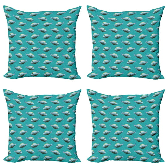 Ambesonne Teal Throw Pillow Cover 4 Pack, Fish Nautical Animal Art, 24", Teal