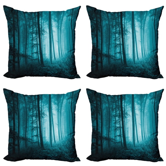 Ambesonne Teal Throw Pillow Cover 4 Pack, Foggy Dark Country Forest, 20", Teal