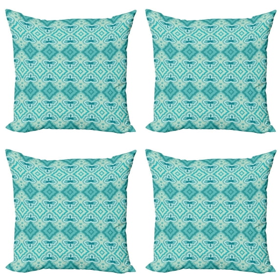 Ambesonne Teal Throw Pillow Cover 4 Pack, Geometric Vintage Floral, 18", Teal Beige