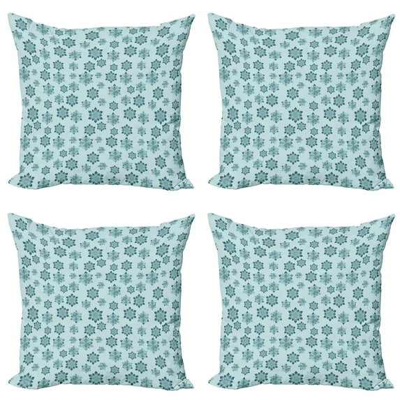 Ambesonne Teal Throw Pillow Cover 4 Pack, Ornate Winter Snowflakes, 16", Pale Blue Teal Grey