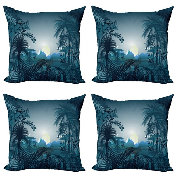 Ambesonne Teal Throw Pillow Cover 4 Pack, Tiger in Rainforest, 18", Teal