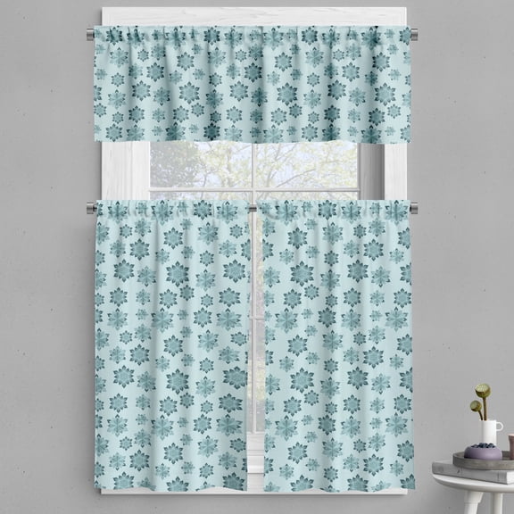 Ambesonne Teal Valance & Curtain, Ornate Winter Snowflakes, 55"x30", Pale Blue Teal Grey