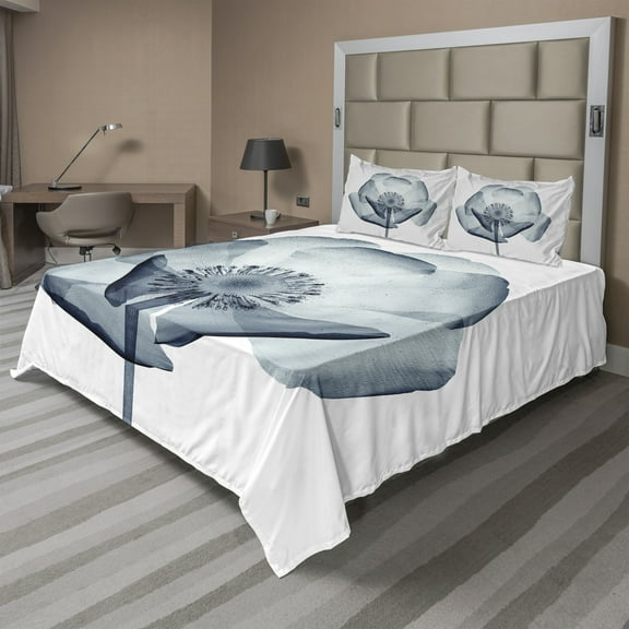 Ambesonne Teal White Fitted & Top Sheet Set with Shams, Complex Nature Theme, Teal White