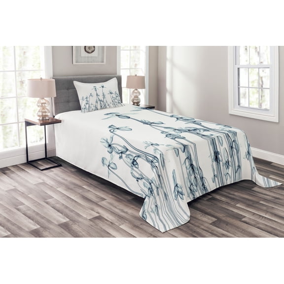 Ambesonne Teal White Quilted Bedspread Set 2 Pcs, Orchids Floral Photo, Twin Size, Teal White