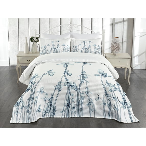 Ambesonne Teal White Quilted Bedspread Set 3 Pcs, Orchids Floral Photo, King Size, Teal White